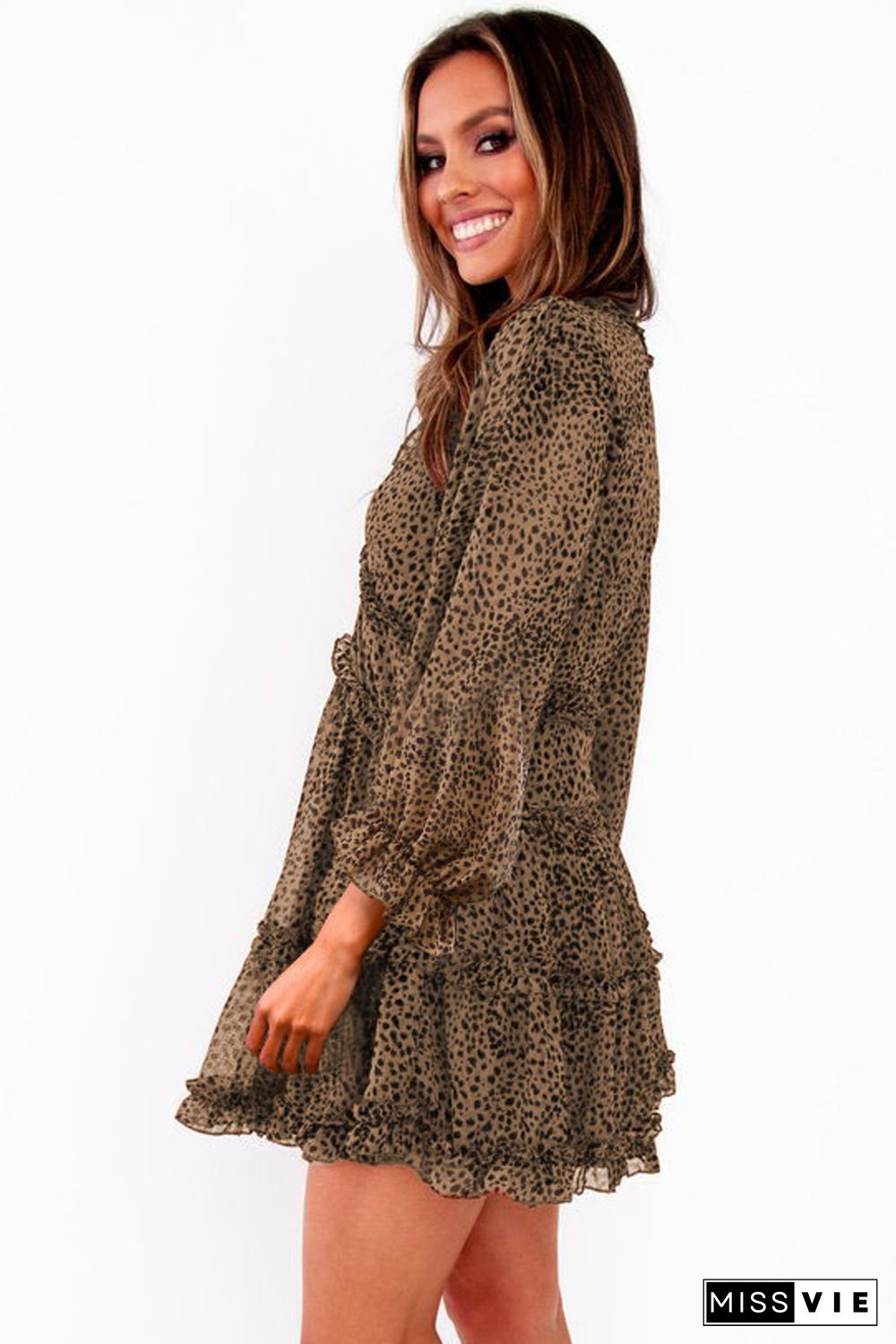 Leopard Ruffle Detailing Open Back Floral Dress