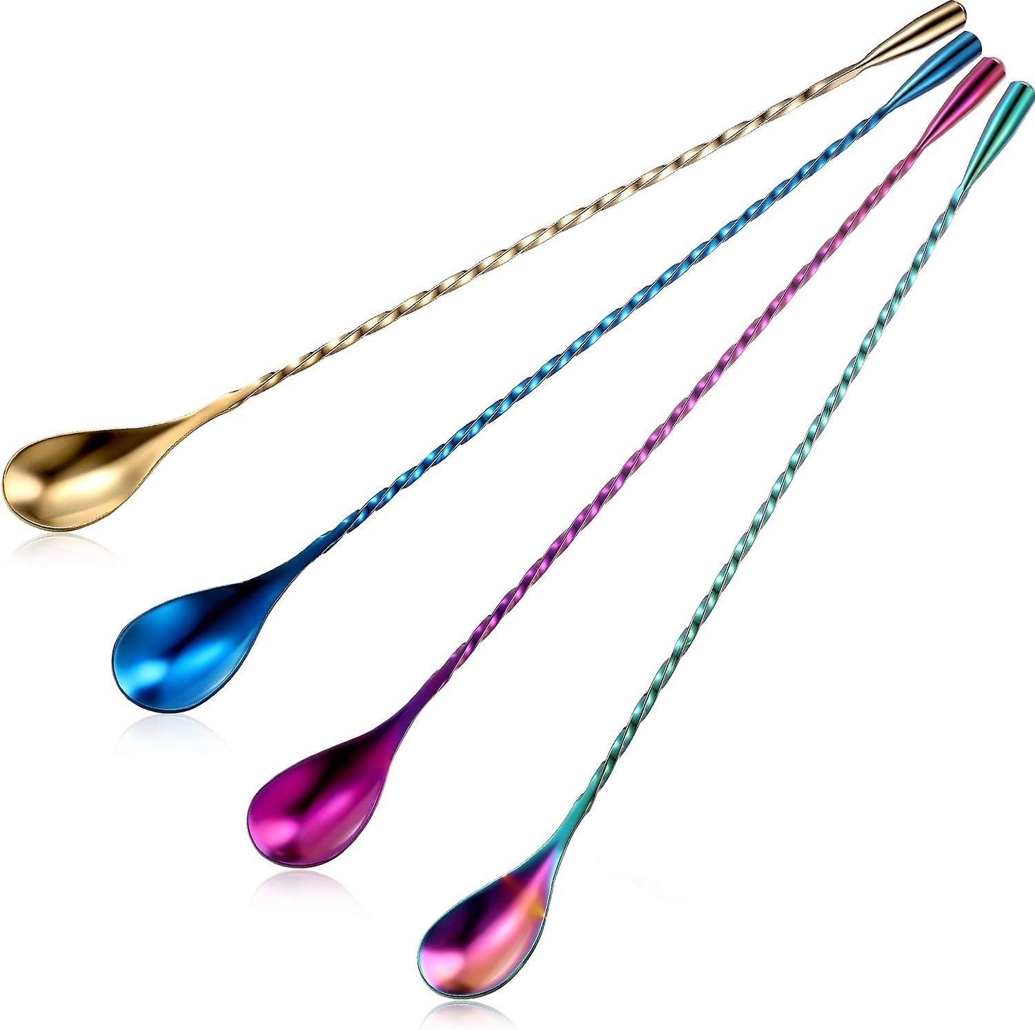 4 Pieces Cocktail Spoon Bar Stirring Spoon Long Handle Stainless Steel Spiral Pattern Cocktail Mixing Shaker Spoon， 12 Inch， 4 Colors (multicolor， Blu