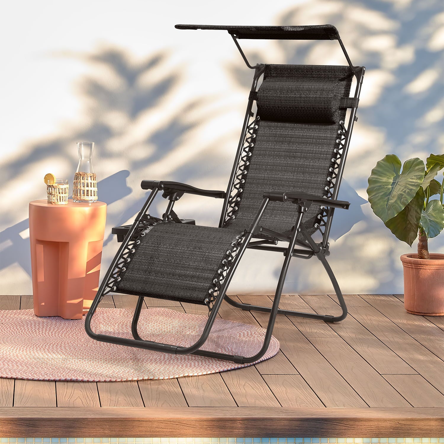 Devoko Patio Zero Gravity Chair Outdoor Folding Recliner Lounge Chair with Attachable Sunshade Canopy and Holder, 1, Black