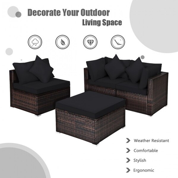 4 Pcs Ottoman Garden Deck Patio Rattan Wicker Furniture Set Cushioned Sofa - 29