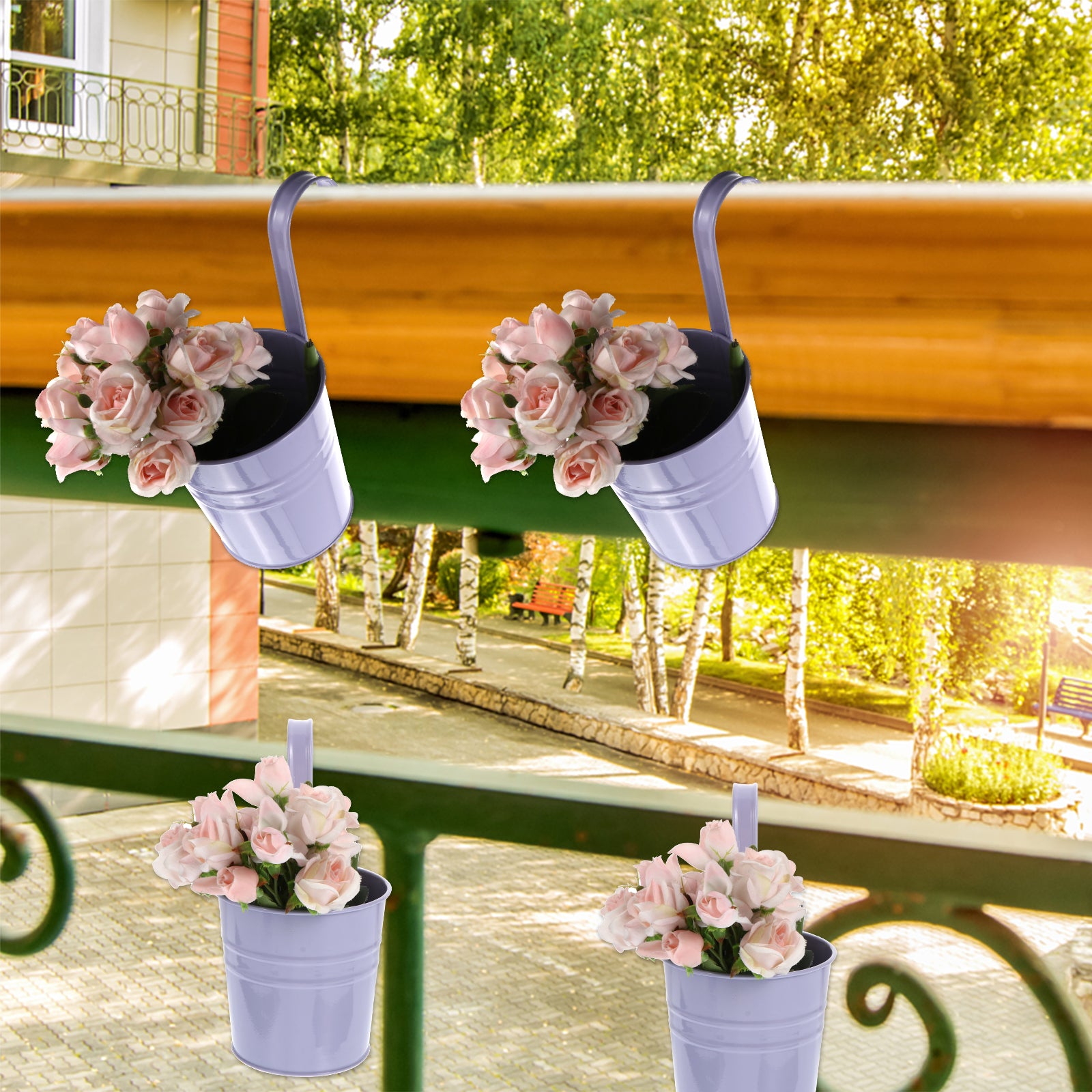 Frcolor Flower Hanging Bucket Planter Pots Planters Metal Iron Balcony Garden Pot Plant Railing Outdoor Holder Decor Vase Wall