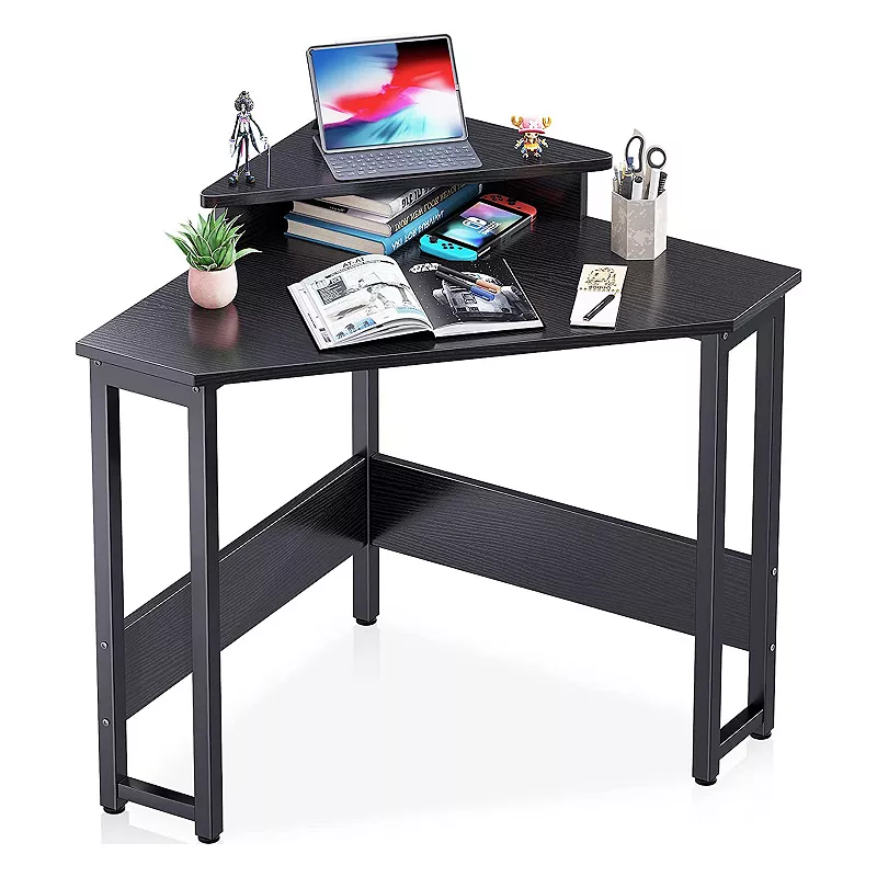 ODK Modern Triangle Corner Computer Writing Desk w/ Raised Monitor Stand， Black