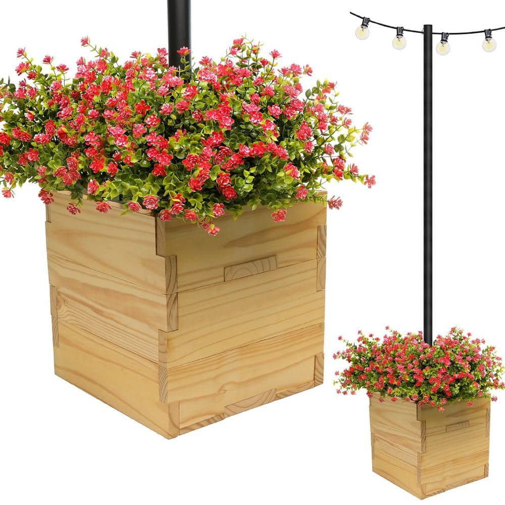 EXCELLO GLOBAL PRODUCTS Extra Large 18 in. Natural Wooden Planter Box with String Light Pole Sleeve EGP-HD-0478-OS