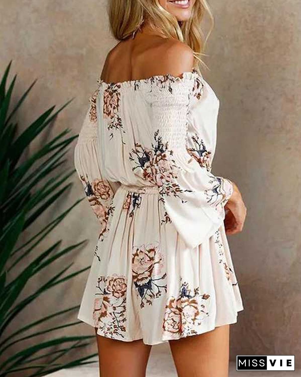 Dressy Frill Ruched Layered Ruffle Off Shoulder Tie Back Romper Dress