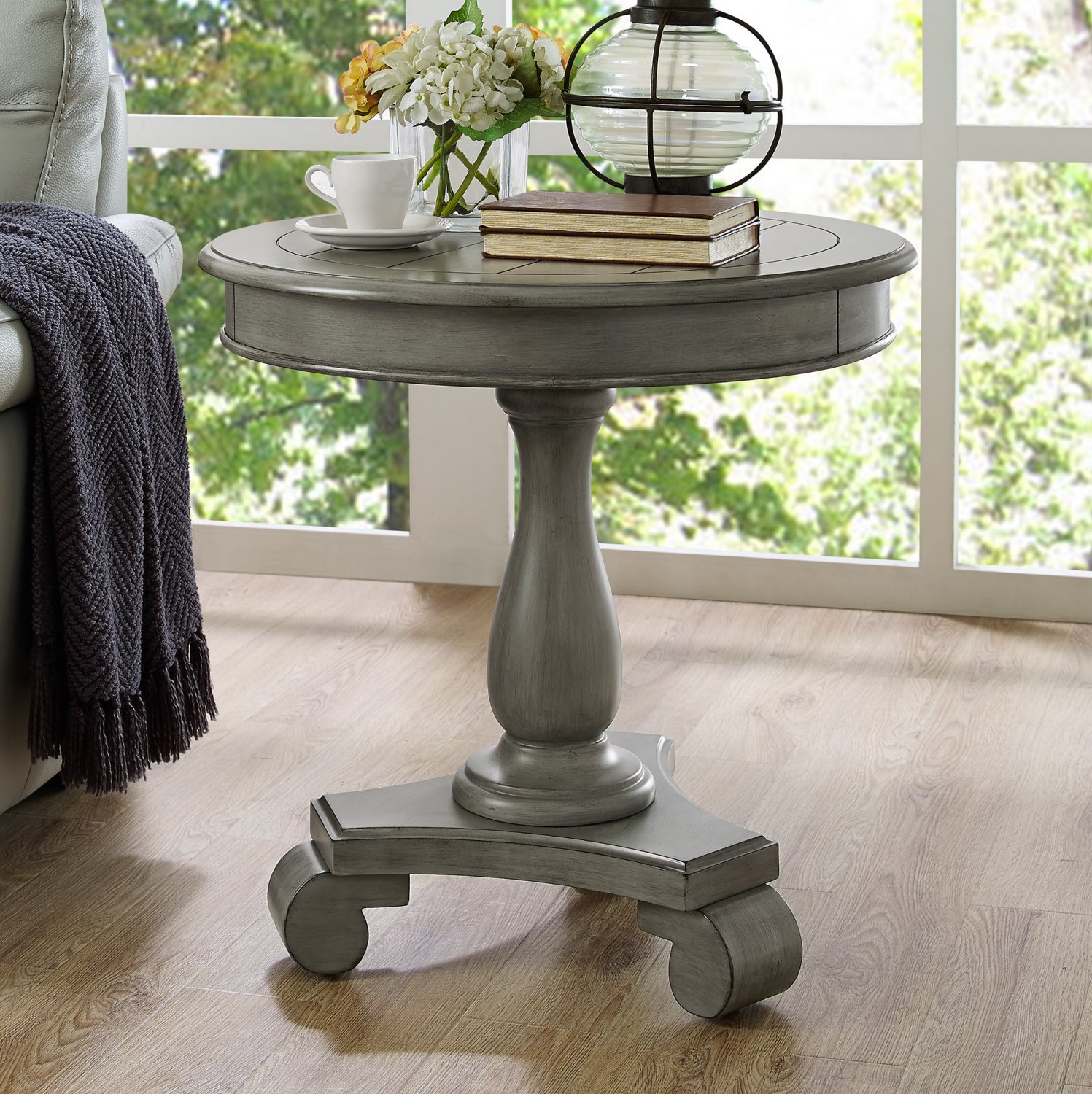 Roundhill Furniture Rene Round Wood Pedestal Side Table， Gray