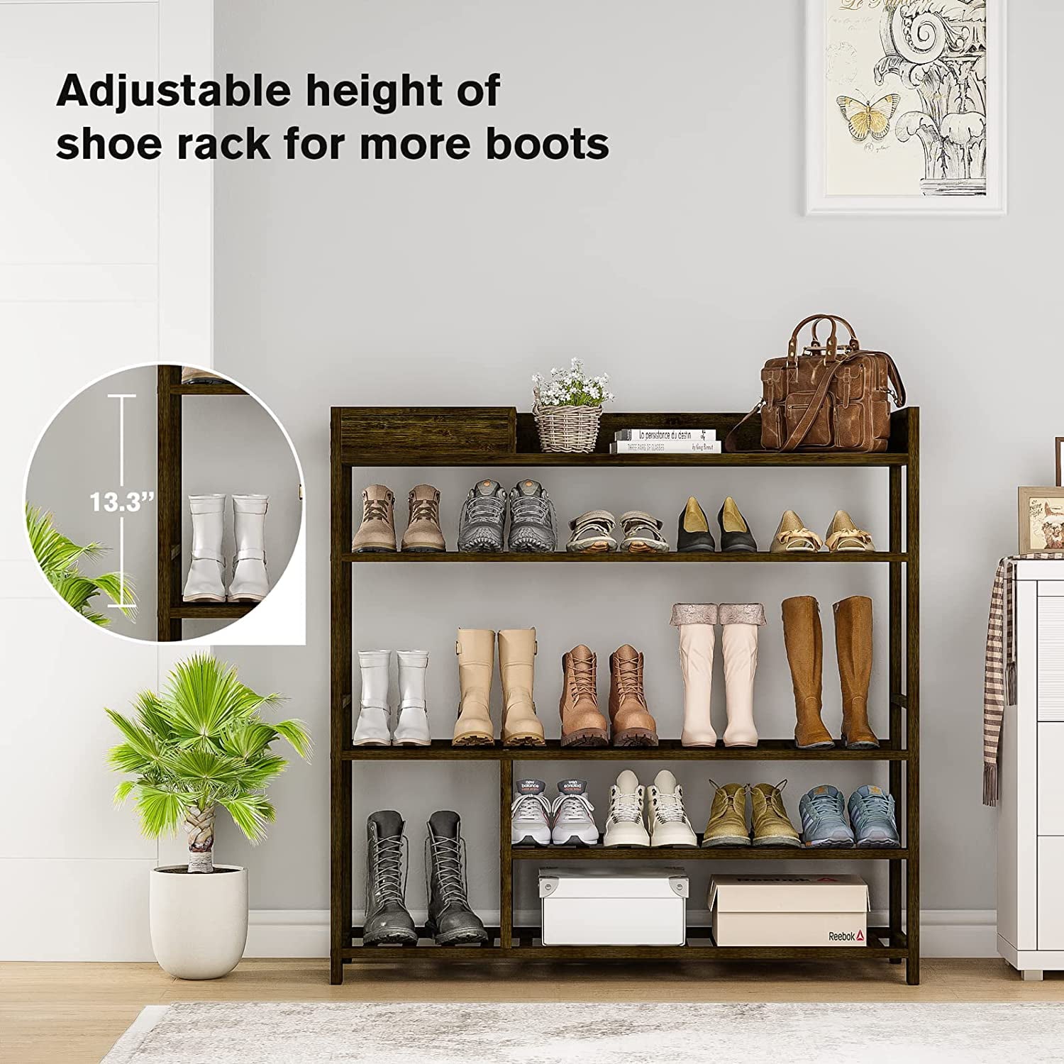 Bamworld Shoes Rack Shelf Organizer for Entryway 5 Tier Bamboo 24 Pair Boots Footwear Book Flowerpots with Storage Box (Dark Brown)