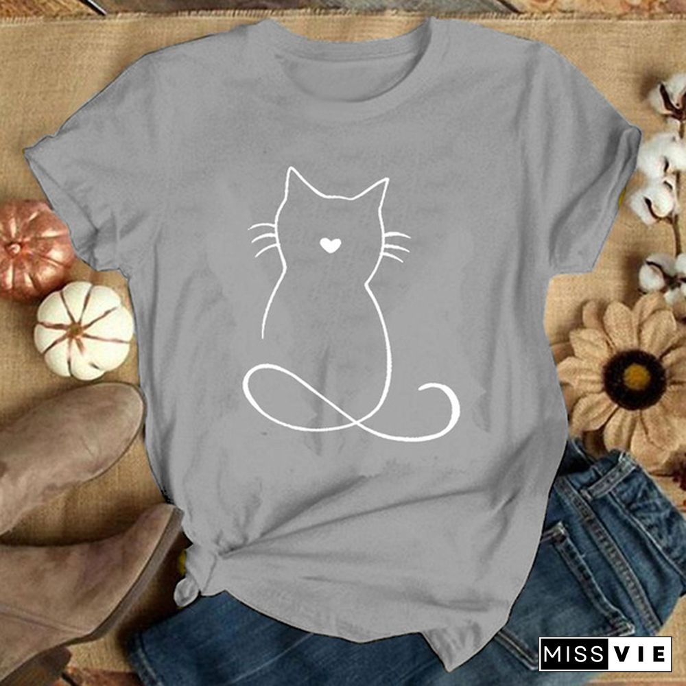 Women Graphic Cat Lovely Animal Fashion Short Sleeve Spring Summer Cartoon Print Female Clothes Tops Tees Tshirt T-Shirt