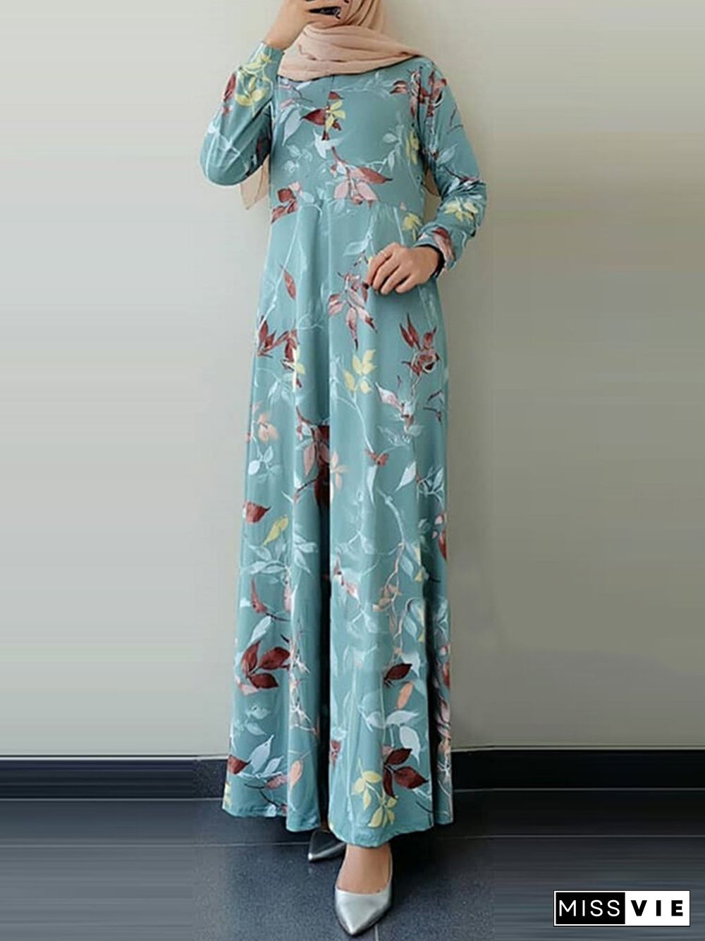 Leaves Print O-neck Long Sleeve Casual Muslim Dress for Women