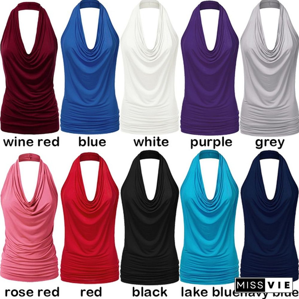 Women Sexy Summer Halter Cowl Neck Sleeveless Ruched Tank Tops Backless Solid Tops