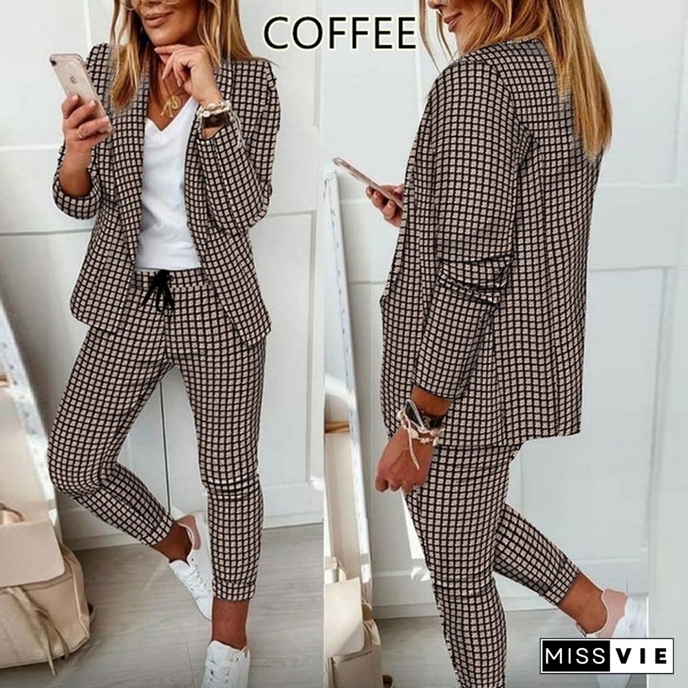 Women Elegant Long Sleeve Blazer Sets Lapel Neck Blazer Coat & Drawstring Pants Set Two Piece Outfits For Women