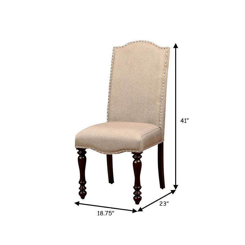 18 Inch Dining Chair， Beige Linen Fabric， Rich Brown Wood， Turned Legs