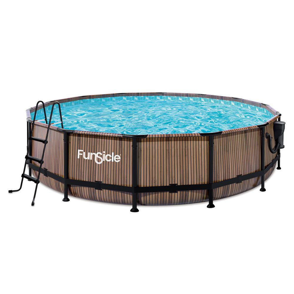 Funsicle 14 ft. Round 42 in. Deep Metal Frame Above Ground Pool Natural Teak P4E01442B