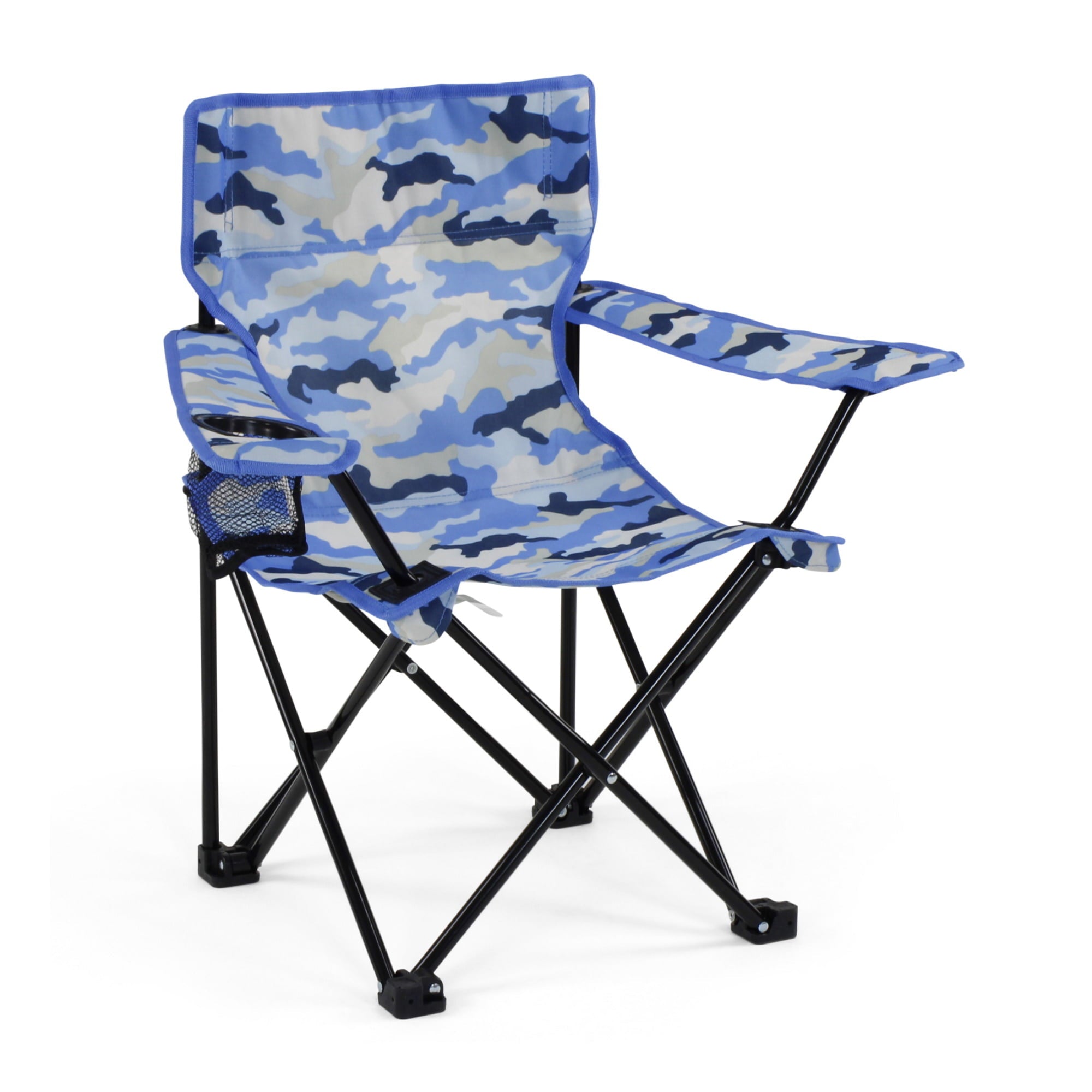 Kids Toddler Indoor/Outdoor Beach Quad Camping Tailgate Blue Camo Chair | Children Aged 2-7 | Folding Travel Lawn Chair with Child Safety Lock, Cup Holder and Carry Case