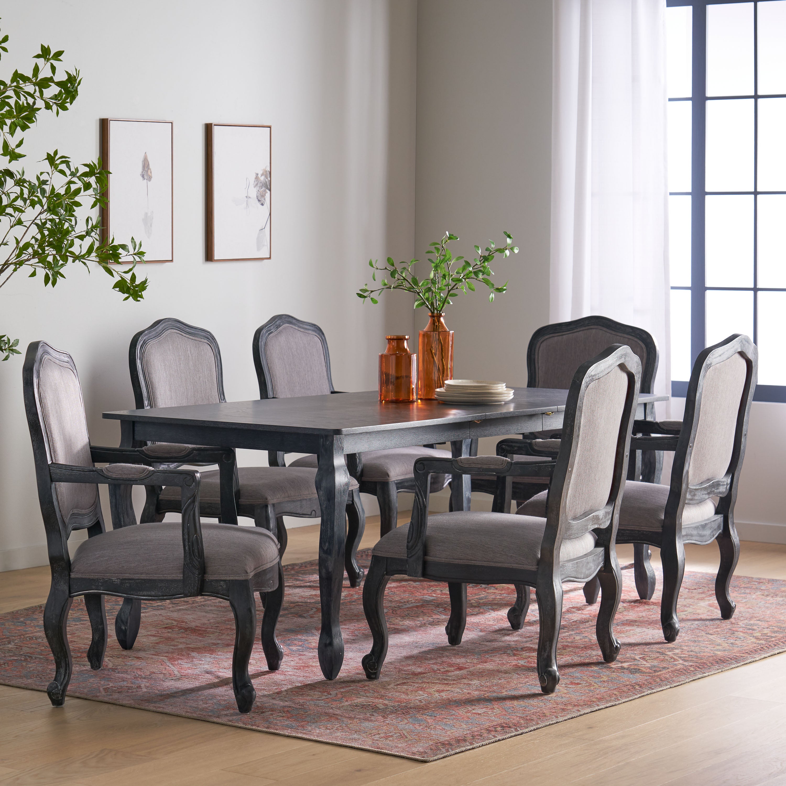 Bonview French Country Fabric Upholstered Wood Expandable 7 Piece Dining Set