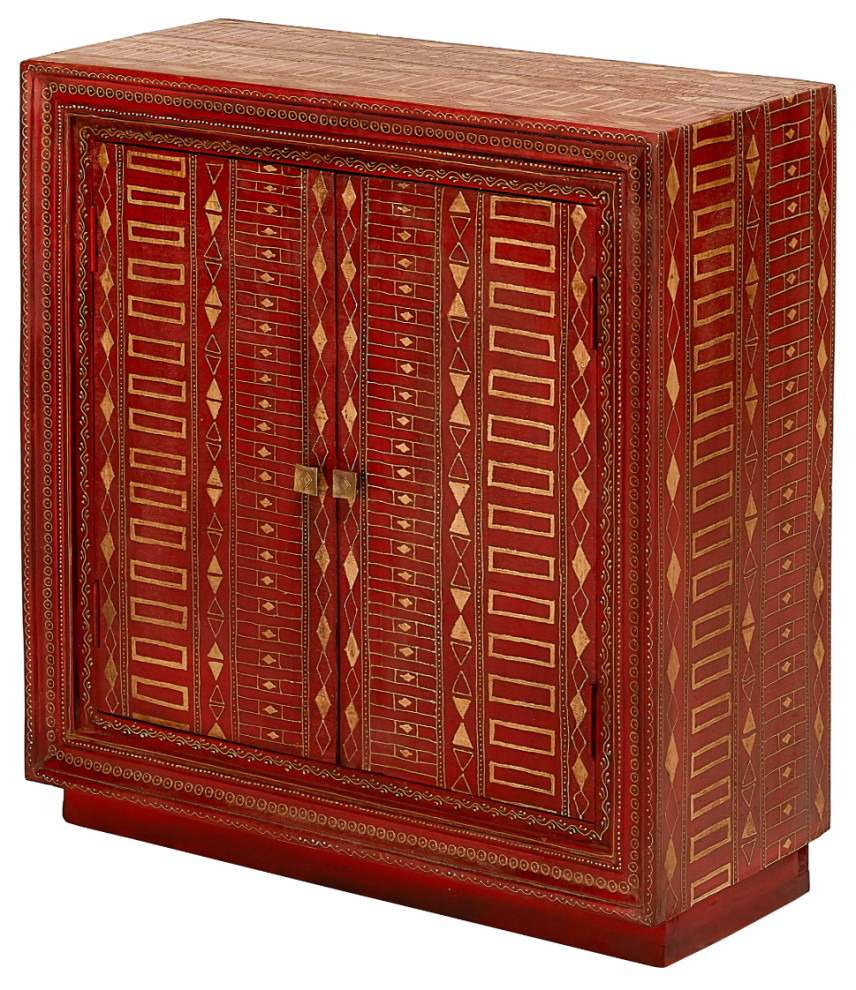 32 quotDistressed Red and Gold Hand Painted Pattern 2 Door Accent Cabinet Arata   Mediterranean   Accent Chests And Cabinets   by Sideboards and Things  Houzz