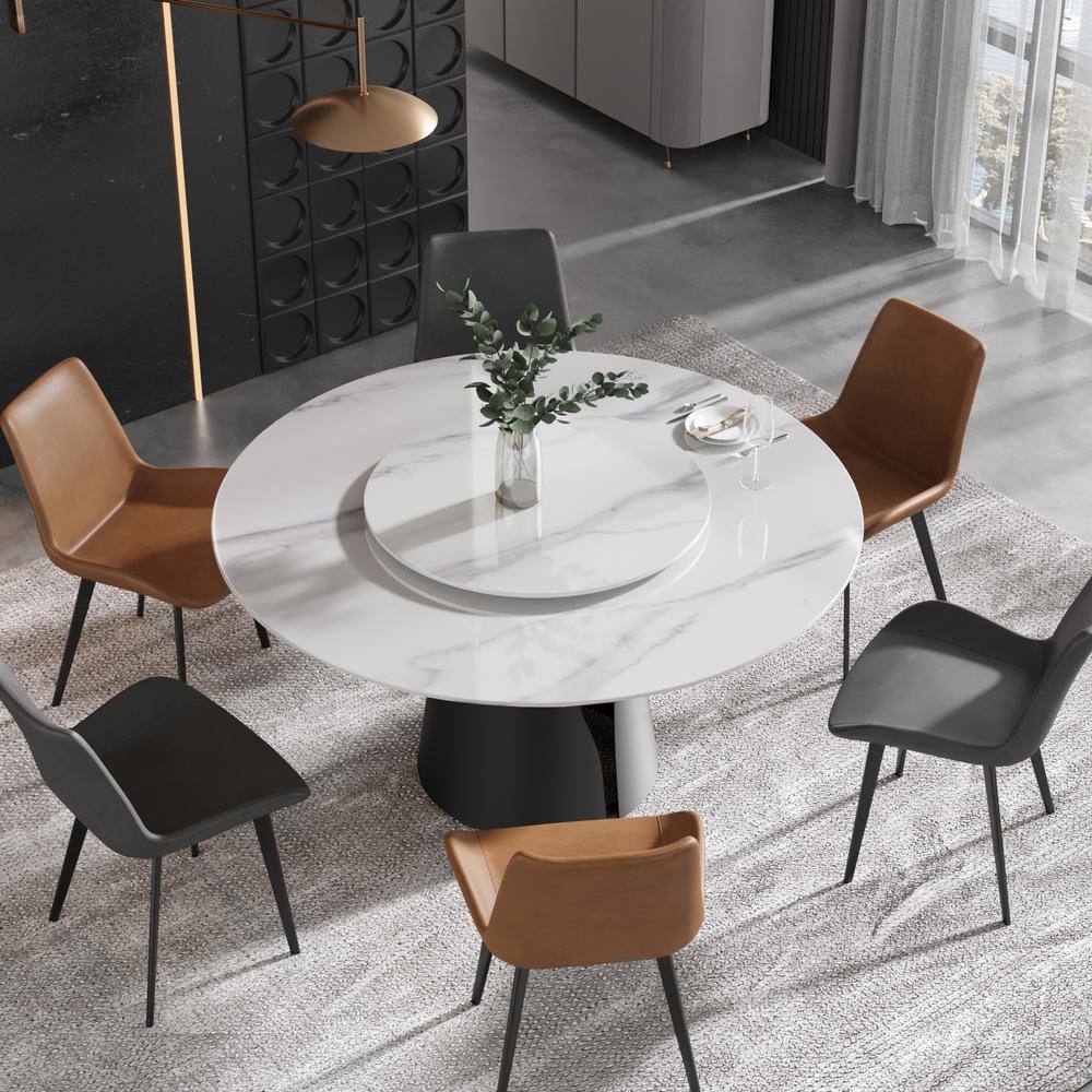 JE Home 59.05 in. White Modern Round Sintered Stone Tabletop Dining Table With Carbon Stainless Steel Base (Seats 8) PVS-DT0141DW150