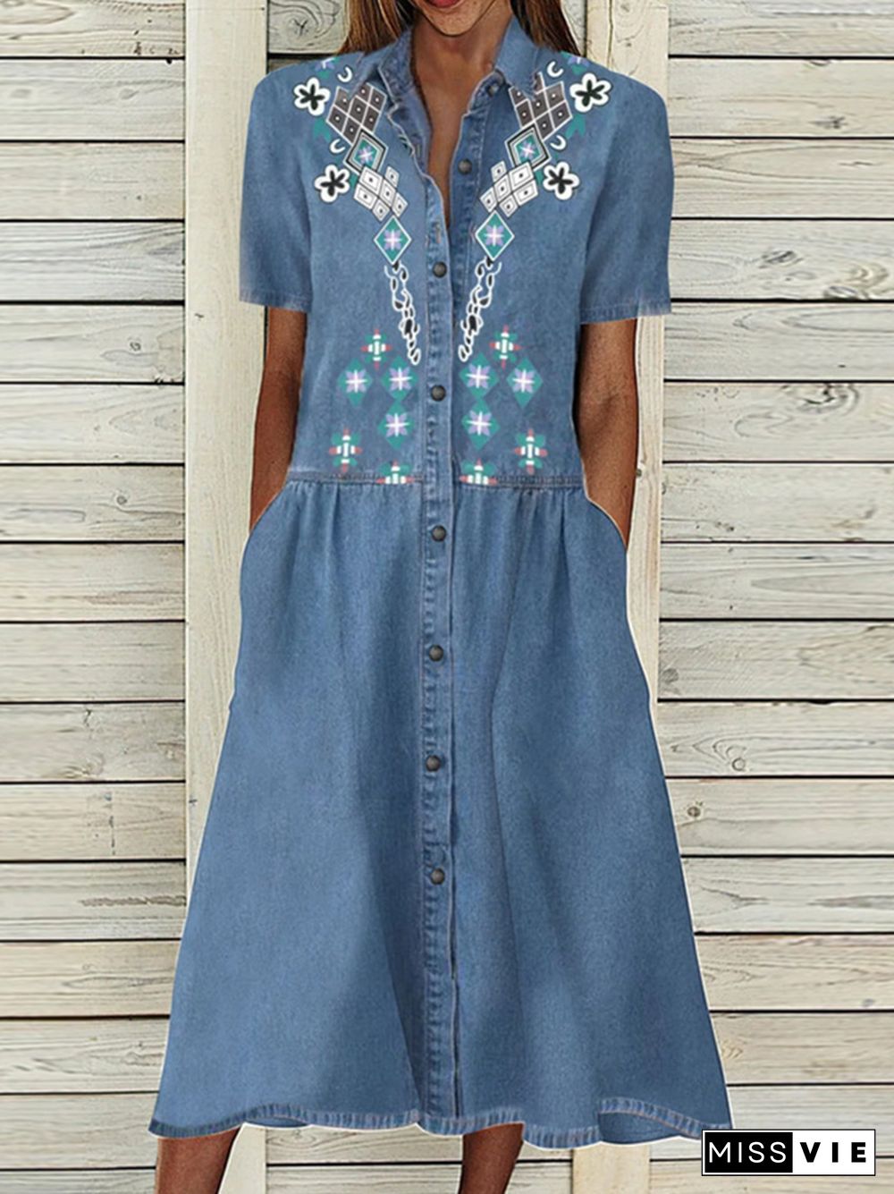 Fashion Pocket Long Dress New Summer Elegant Short Sleeve Denim Dress Women Casual Pattern Print Button A-Line Dresses Vestidos