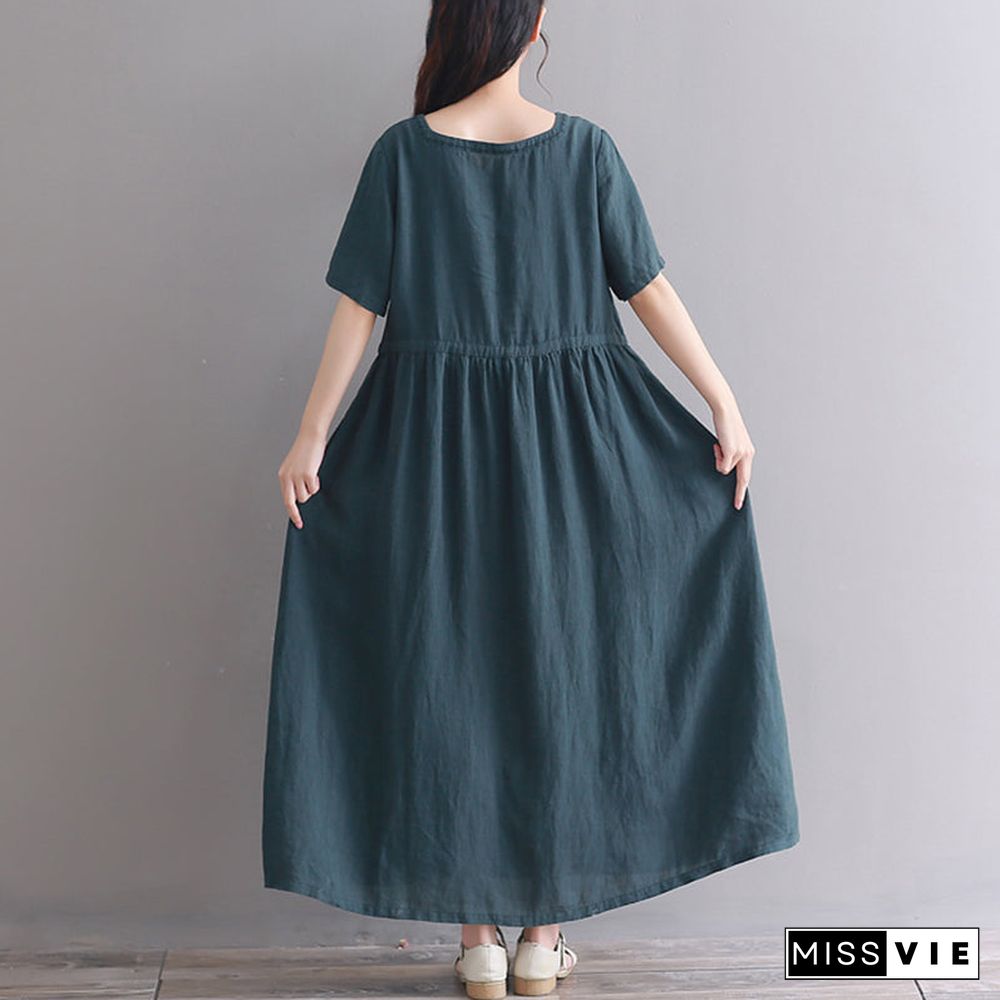 Fine blackish green long linen dresses oversize Square Collar short sleeve linen gown vintage Extra large hem caftans