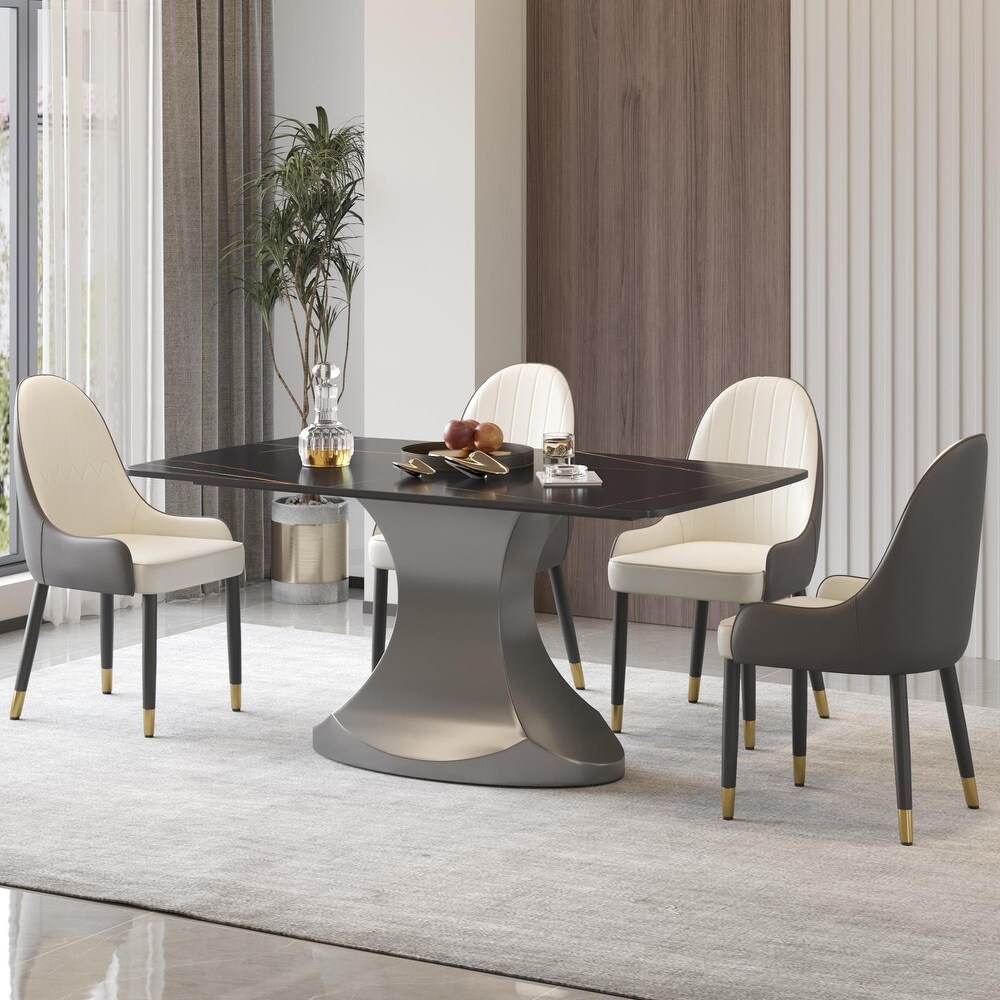 Dining Table for 6~8 Person  Faux Marble Kitchen Dining Table with Grey Pedestal.