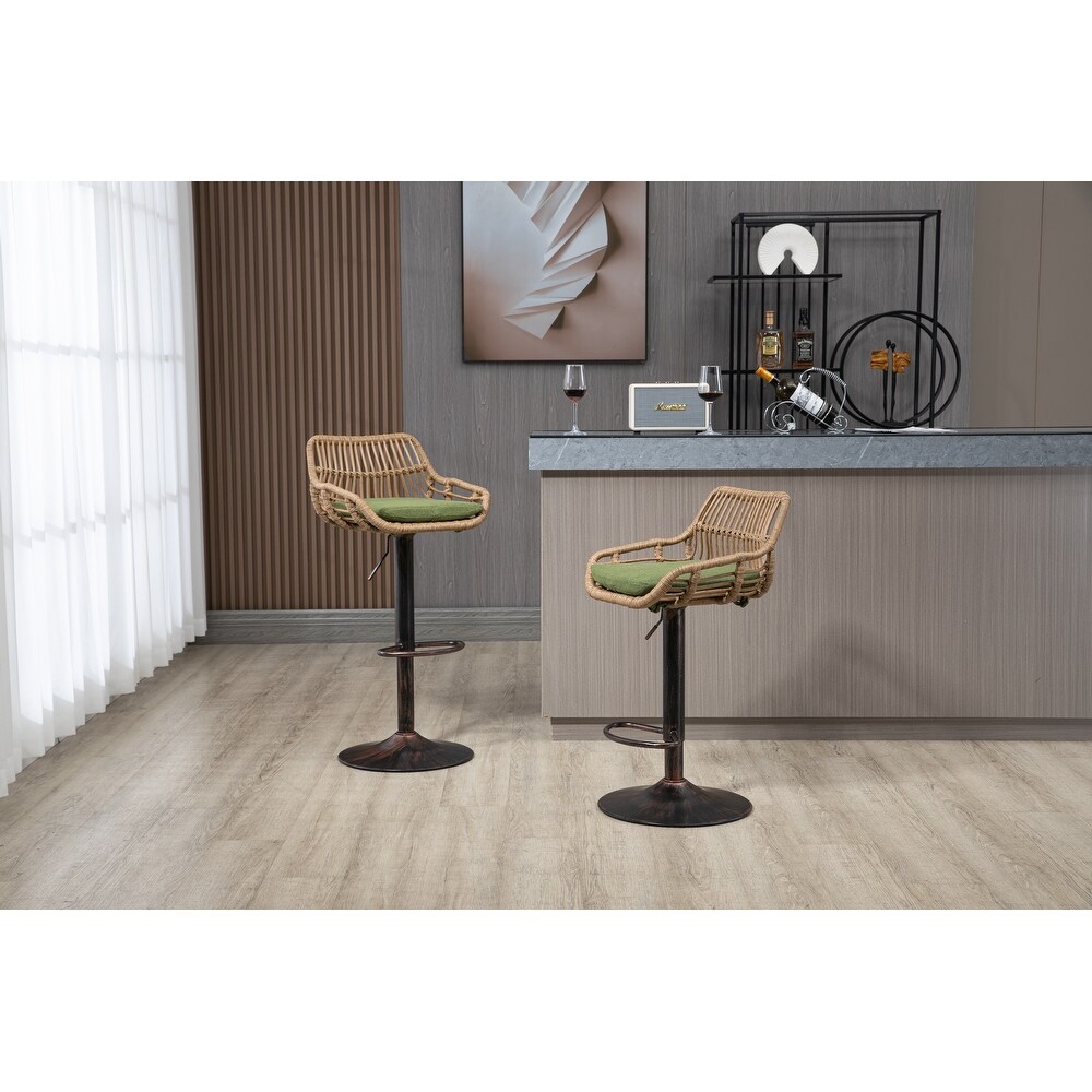 Bar Stools Set of 2 Adjustable Counter Height Dining Chairs  360掳 Swivel Bar Chairs with Rattan Back Linen Cushion   Footrest