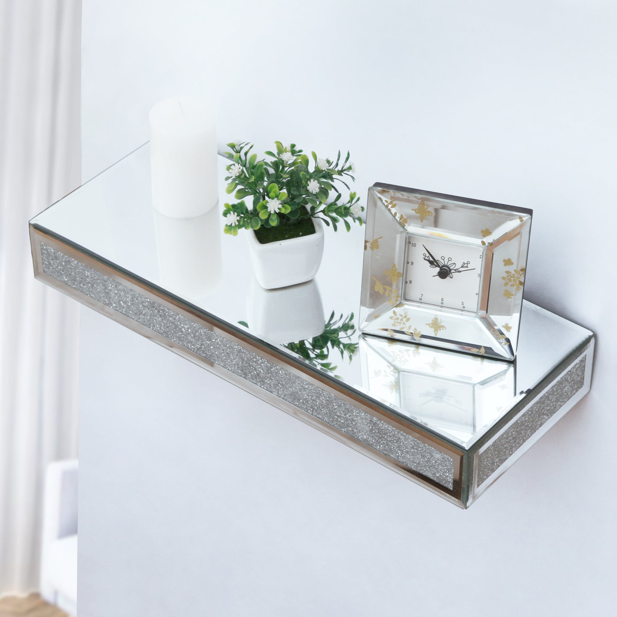 Mirrored Floating Wall Shelf Crystal Wall-Mounted Storage Organizer