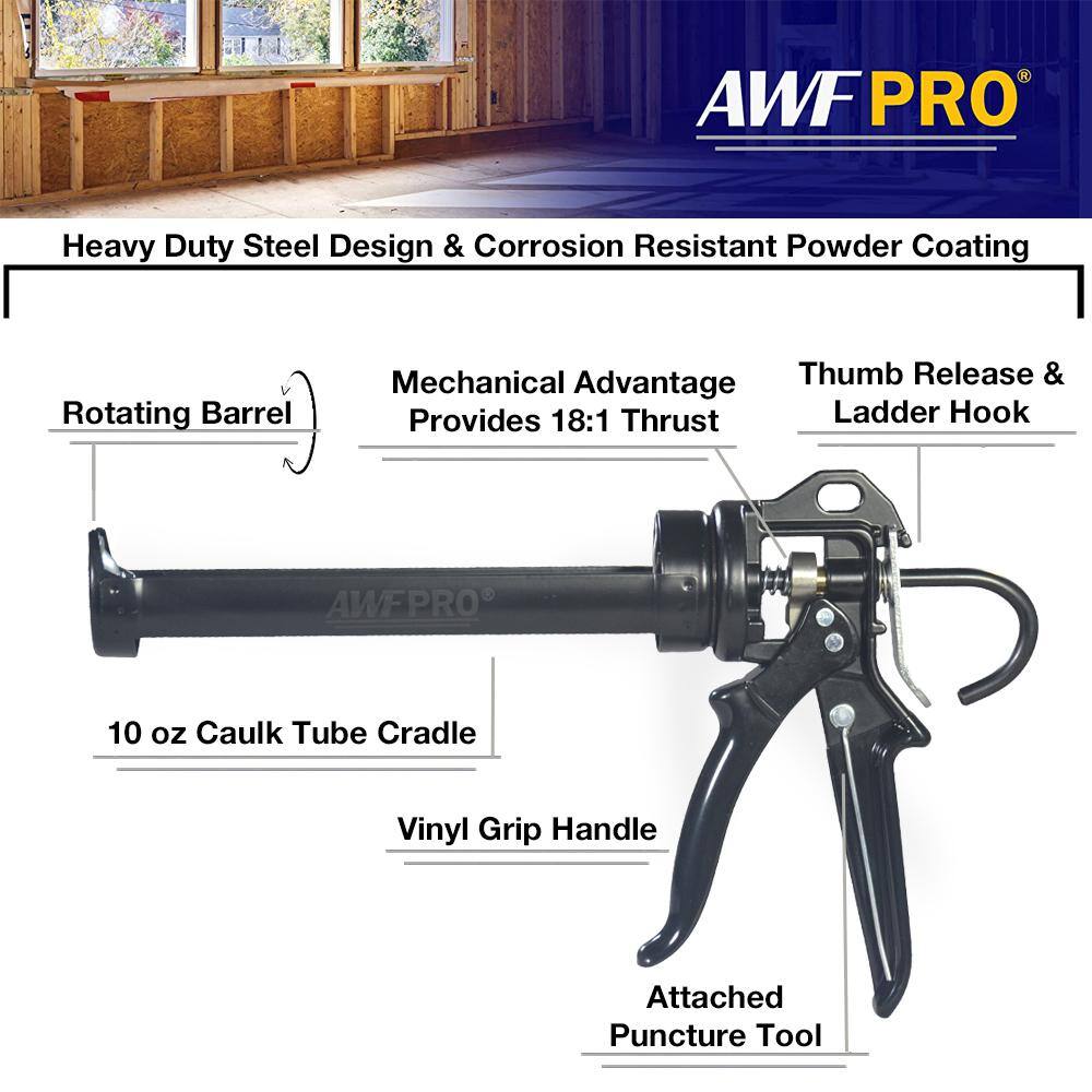 AWF PRO 10 oz. 18:1 Thrust Caulk Gun Rotating Barrel Vinyl Grip with Puncture Tool on Handle AWF 2001