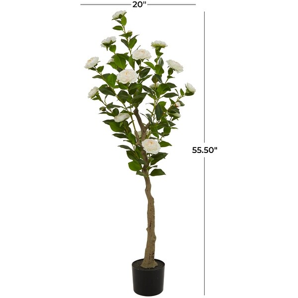 Green Faux Foliage Camellia Artificial Tree with Realistic Leaves and Black Plastic Pot