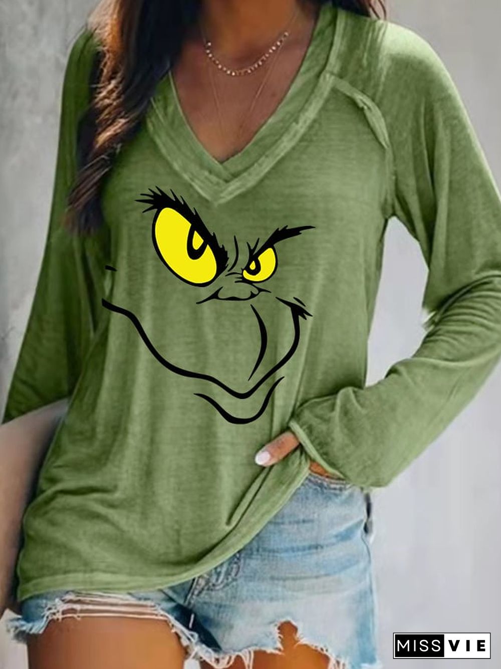 Women's Christmas Cartoon Character Casual V-Neck Long-Sleeve T-Shirt