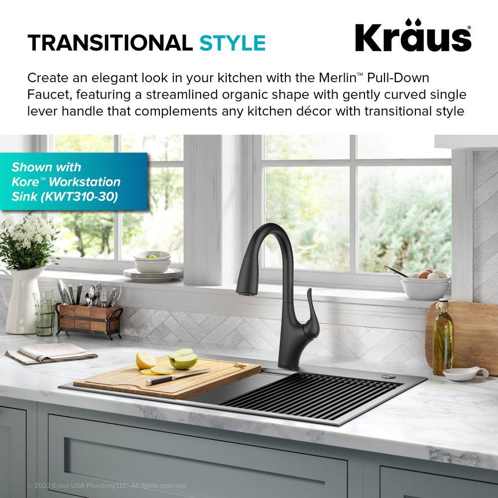 KRAUS Merlin Single Handle Pull-Down Kitchen Faucet in Matte Black KPF-1674MB