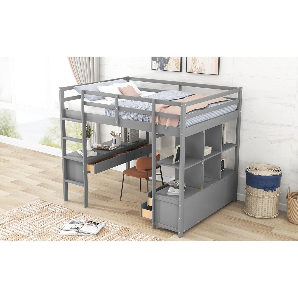 Full Size Loft Bed with Built in Desk with Storage Shelves   Drawers