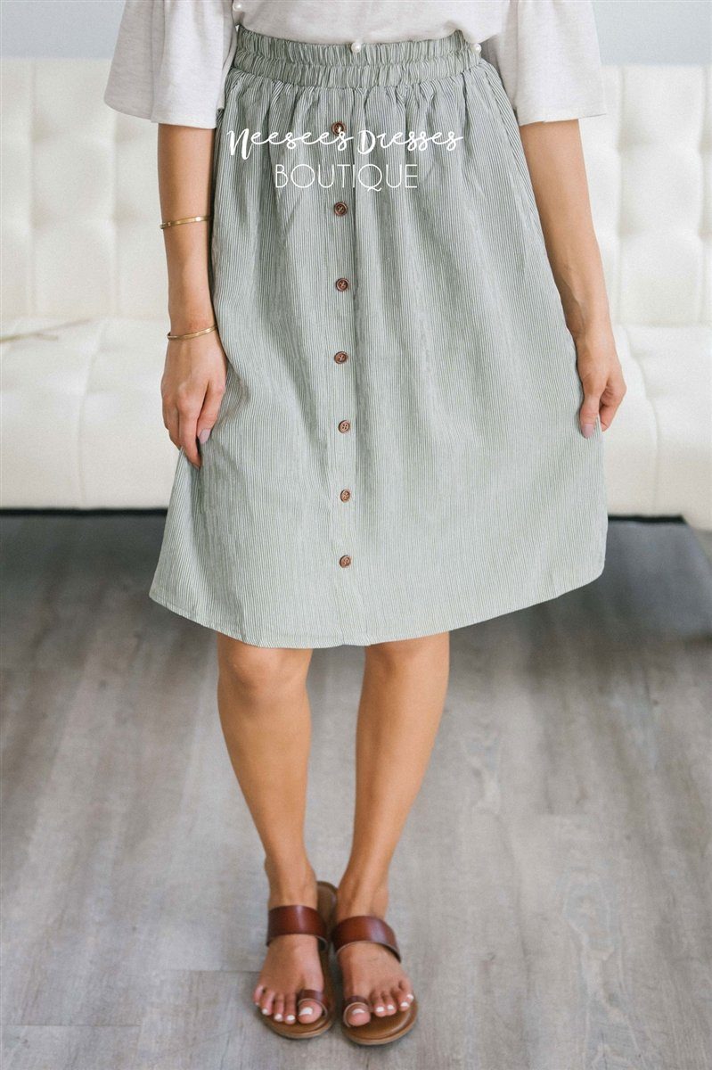 Sage Pinstripe Button Detail Skirt