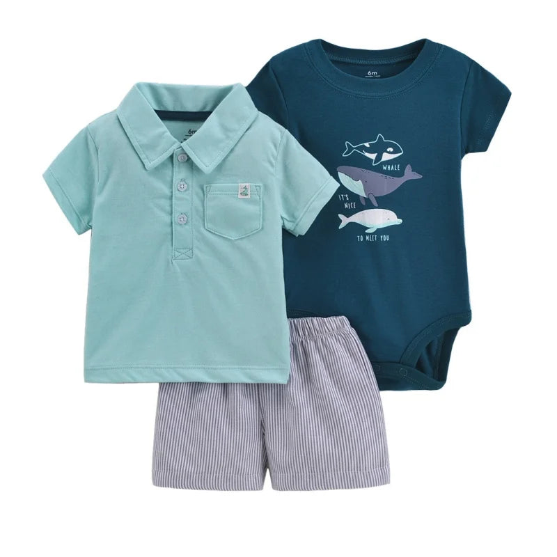 Summer Newborn Baby Boy Set 6-24M Cute Cartoon Dinosaur Cotton Clothing Short Sleeve+Shorts+jumpsuit Infant Clothes 3Pcs Outfits