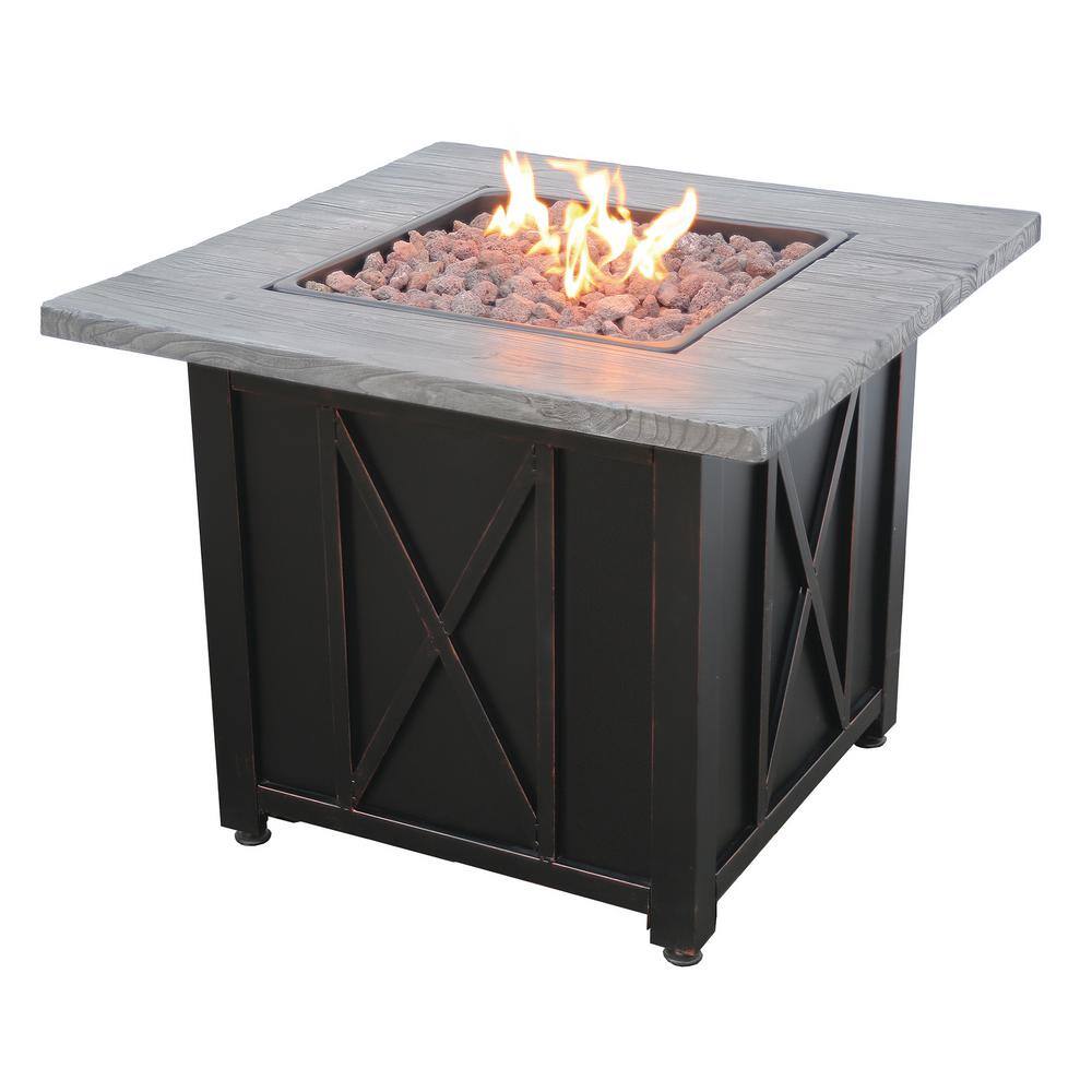 Endless Summer 30 in. W Square Wood Look Resin Mantel LP Gas Fire Pit with Integrated Electronic Ignition Lava Rock and Included Cover GAD1450SP