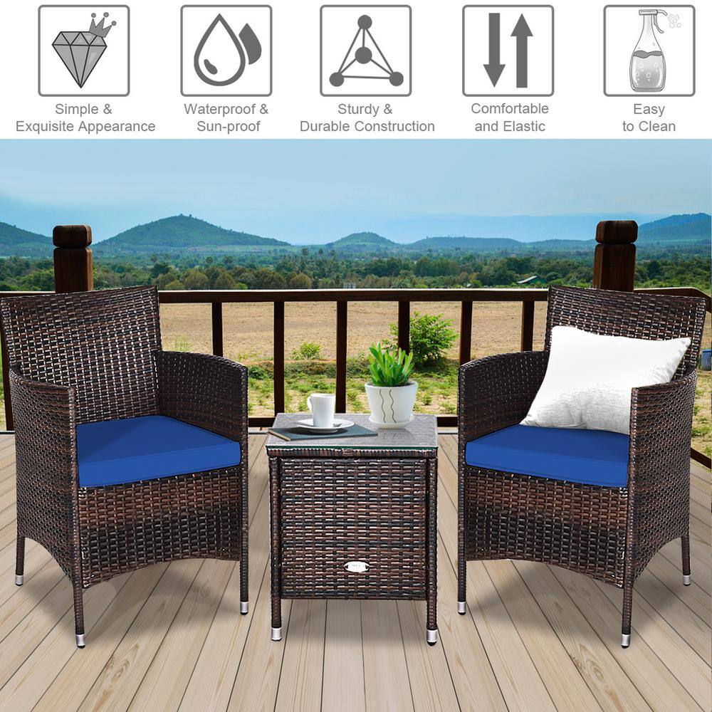 Gymax 3-Piece Rattan Patio Chair and Table Furniture Set Outdoor with Navy Cushion GYM07042