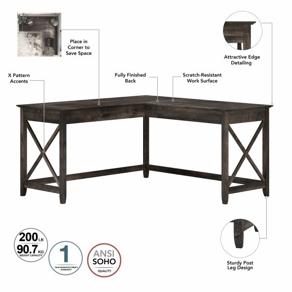 Bush Furniture Key West 60W L Shaped Desk in Dark Gray Hickory