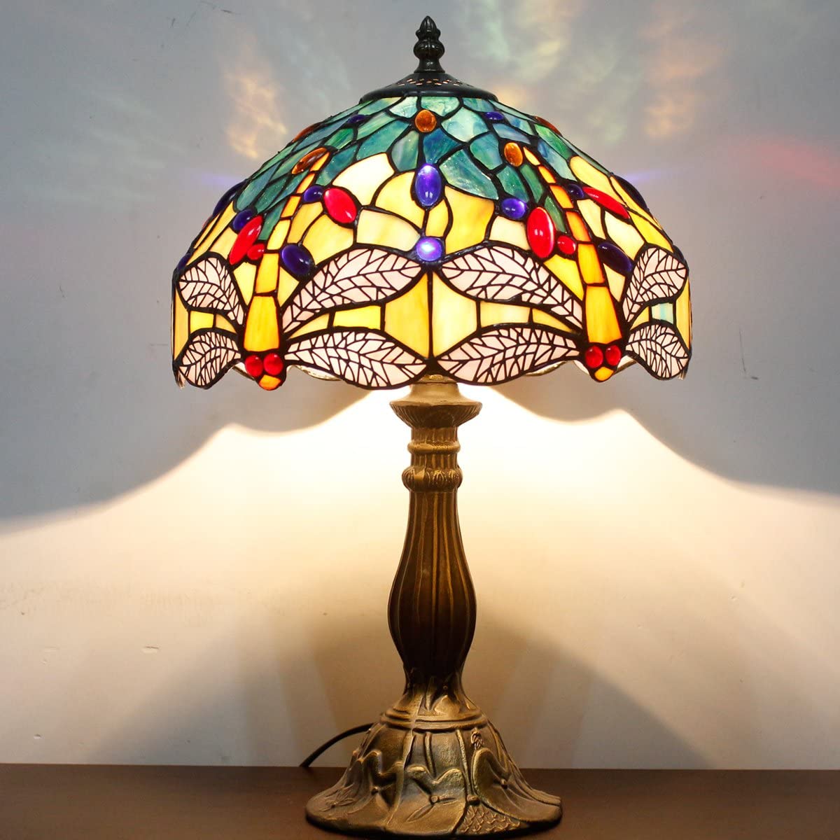 SHADY Tiffany Lamp Sea Blue Yellow Stained Glass Dragonfly Style Table Lamp Nautical Reading Desk Bedside Light 12X12X18 Inches Decor Bedroom Living Room Home Office S128 Series