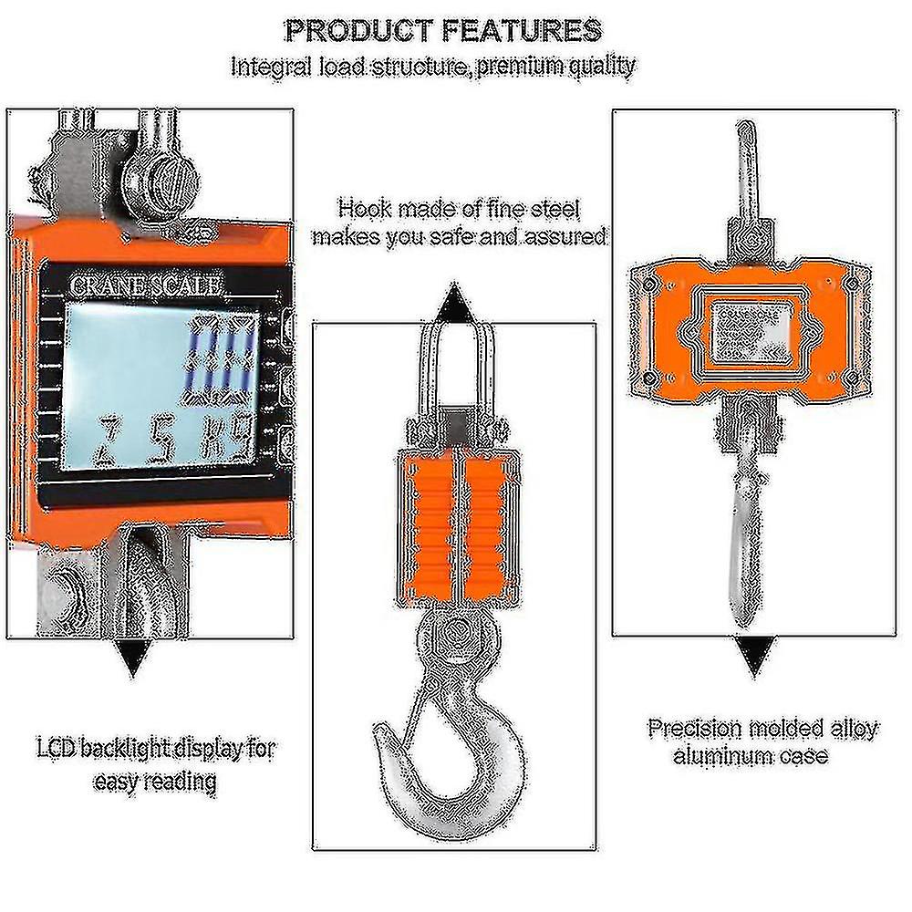 Digital Hanging Scale 1000kg/ 2204lbs Portable Duty Scale Lcd Backlight Industrial Hook Scales Change/ Data Hold/ Tare/ Zero For Cons