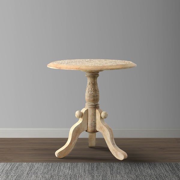 Intricately Carved Round to p Mango Wood Side End Table with Pedestal Base