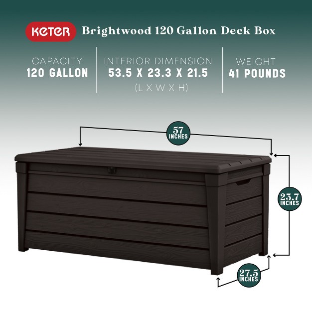 Keter Large 120 Gallon Waterproof All weather Resistant Wood Panel Outdoor Deck Garden Storage Box Bench Brown