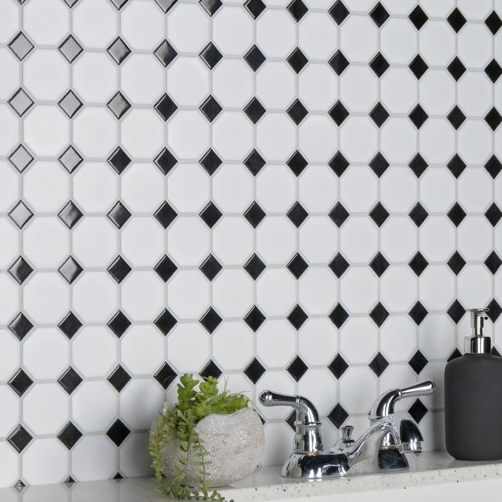 Merola Tile Metro Octagon Matte White wBlack Dot 11 12 in. x 11 12 in. Porcelain Mosaic  9.4 sq. ft. Case FXLM2OWD