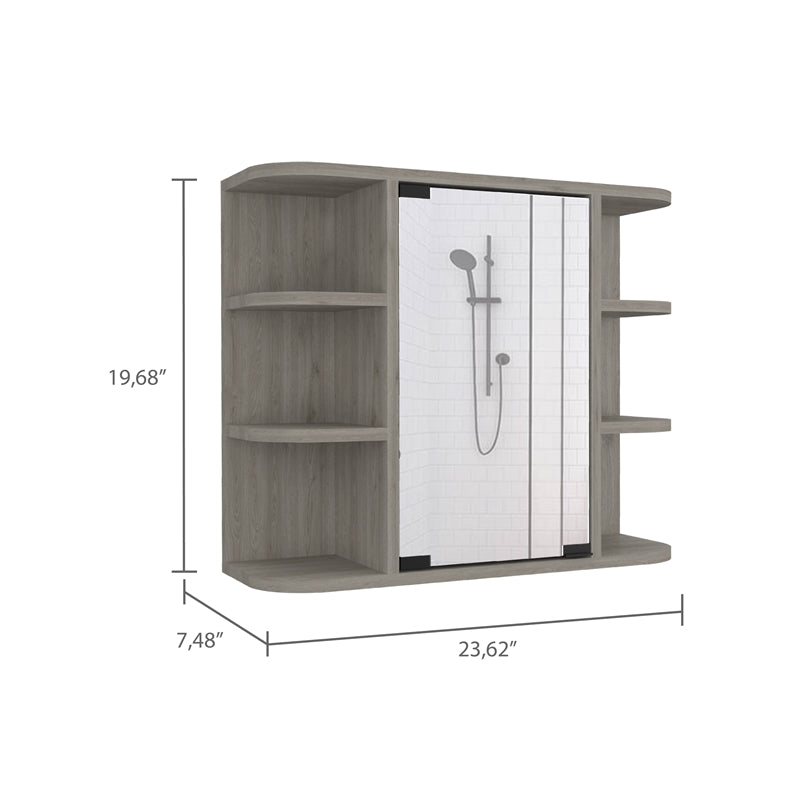 TUHOME Milan Medicine Cabinet, Six External Shelves Mirror, Three Internal Shelves, Light Grey, For Bathroom