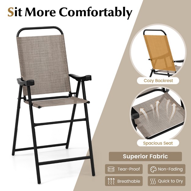 Tangkula 4 Pcs Patio Bar Chair Folding Bar Height Metal Frame W Footrest Garden Brown