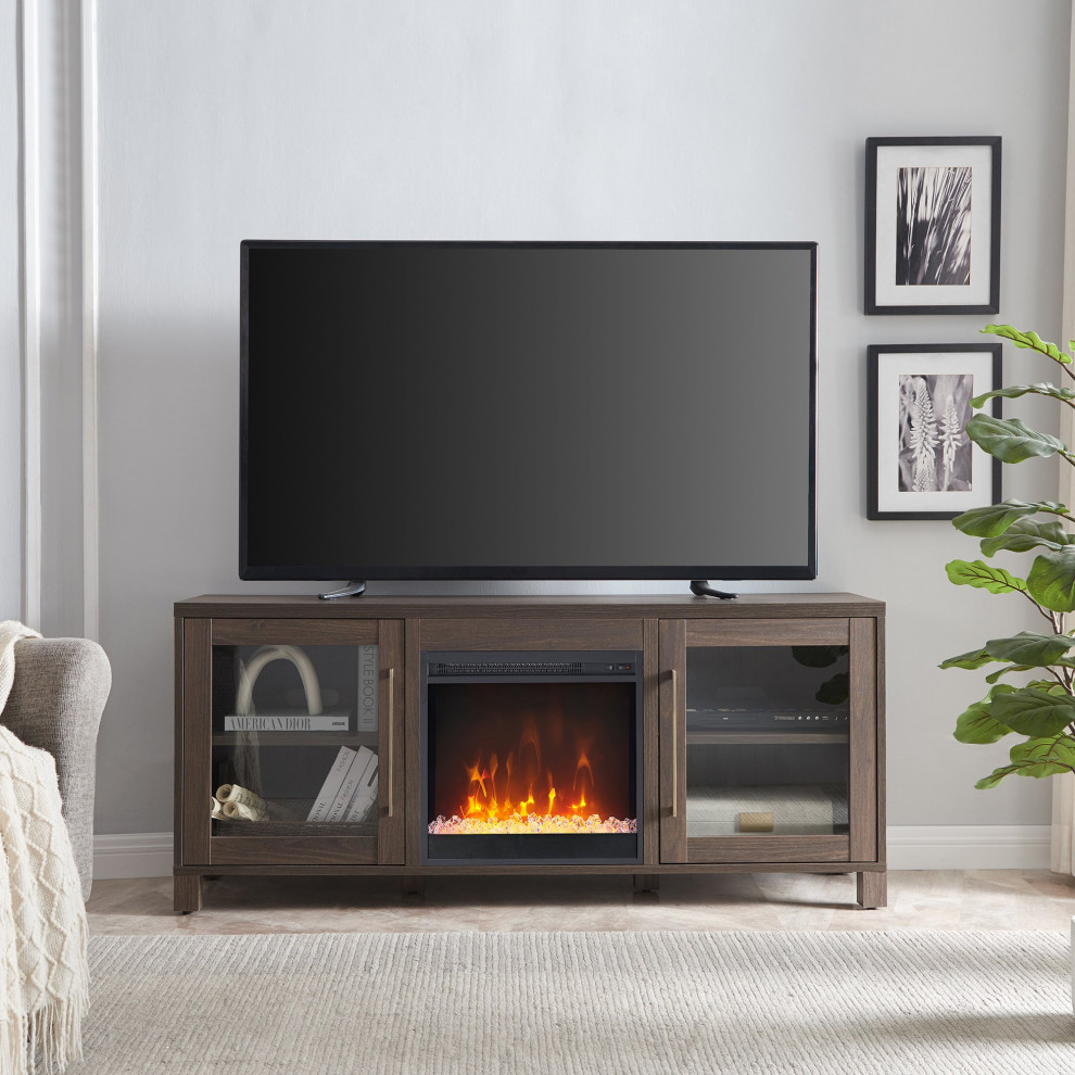 Classic TV Stand  MDF Frame With Fireplace and Glass Cabinet Doors  Alder Brown   Transitional   Entertainment Centers And Tv Stands   by Declusia  Houzz