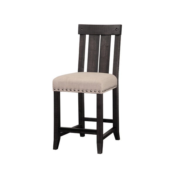 Wooden Counter Height Stool with Fabric Upholstered Seat and Slat Style Back，Set of 2， Black and Beige - 42 H x 19 W x 22 L Inches