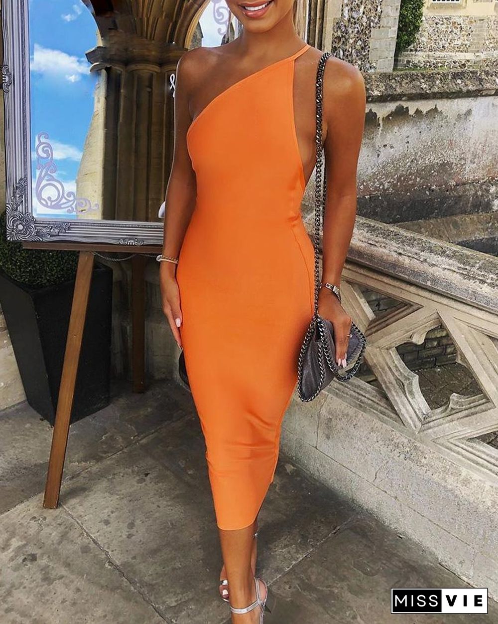 Solid Asymmetrical Neck Bodycon Dress