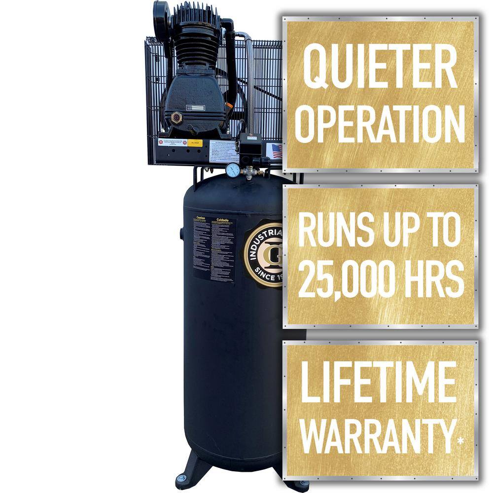 Industrial Gold 60 Gal. 5 HP Vertical 1-Phase Low RPM 175 PSI Electric Air Compressor with Quiet Operation CI51E63V