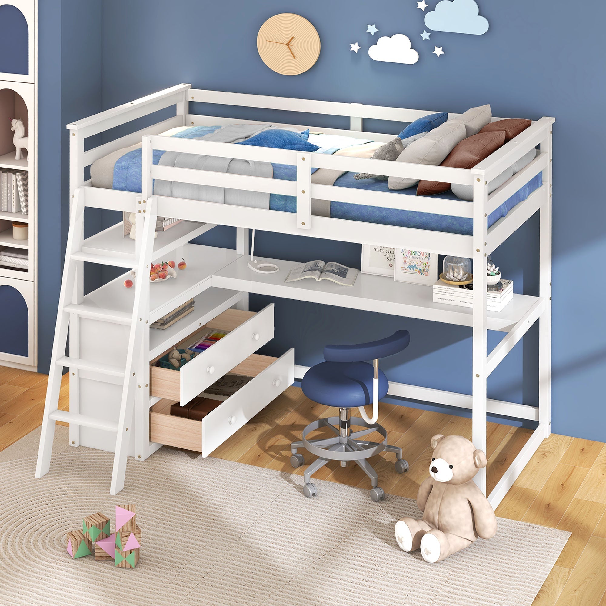 Euroco Twin Loft Bed with Desk for Child, White