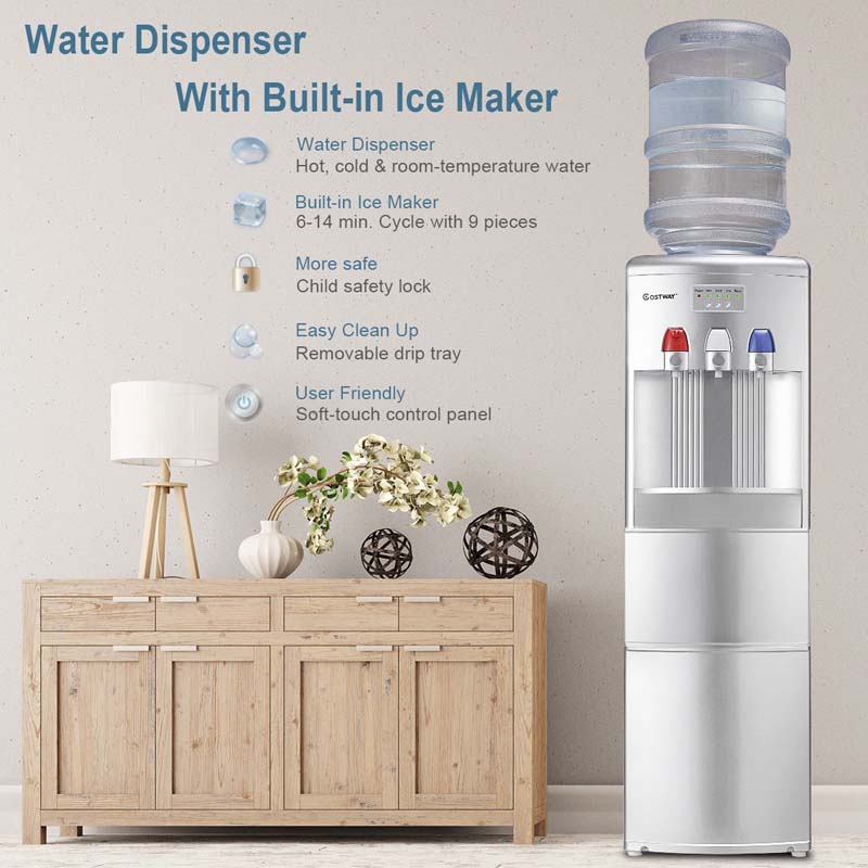 2-in-1 Top Loading Water Dispenser Built-In Ice Maker, 27LBS/24H Ice Machine with Child Safety Lock