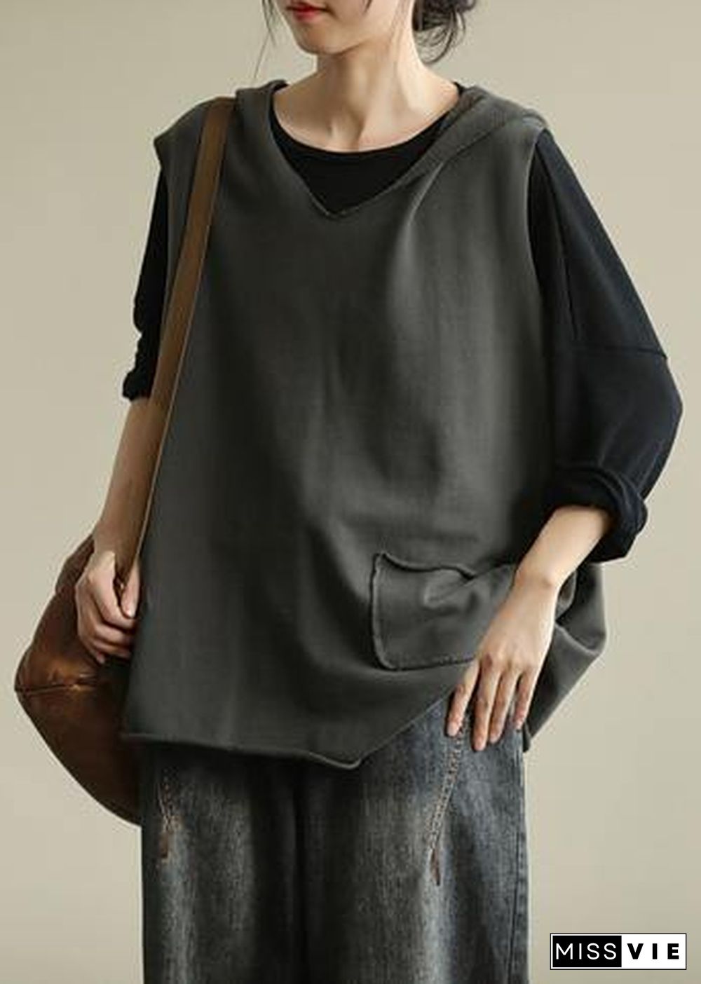 Chic hooded sleeveless tops women Work gray blouse