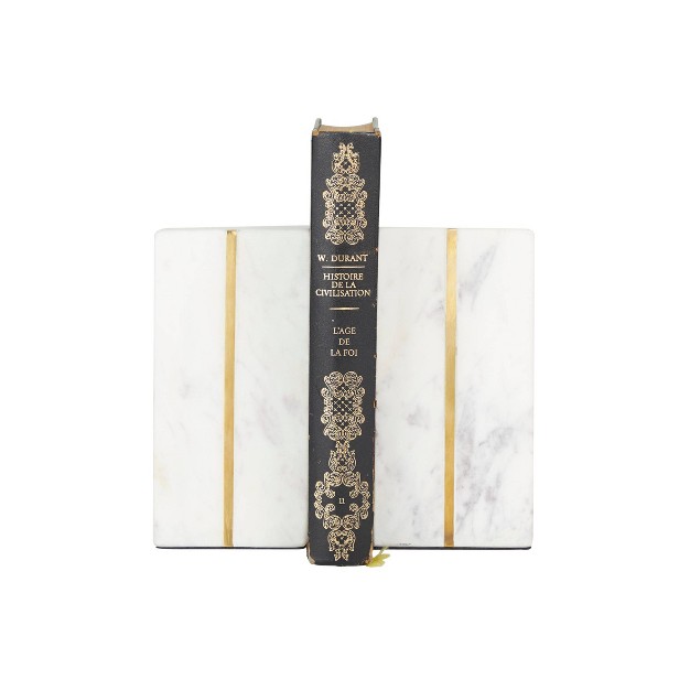 Set Of 2 Marble Geometric Bookends With Gold Inlay White Cosmoliving By Cosmopolitan